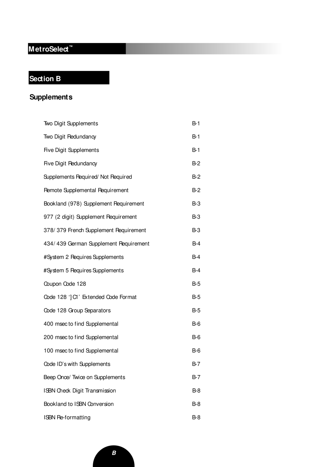 Metrologic Instruments MLPN 2407 manual MetroSelect Section B, Supplements 