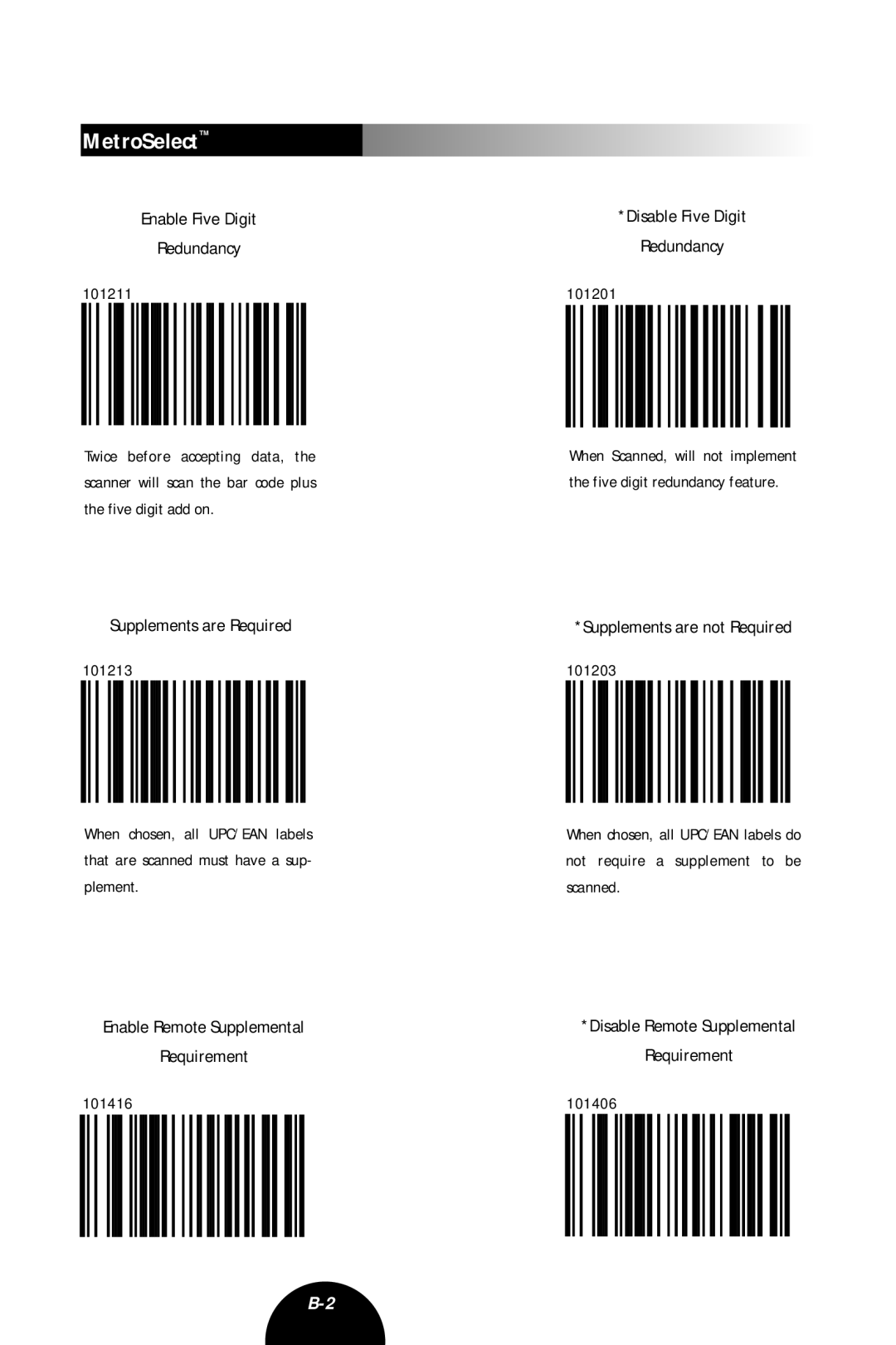 Metrologic Instruments MLPN 2407 Enable Five Digit Redundancy, Supplements are Required, Disable Five Digit Redundancy 