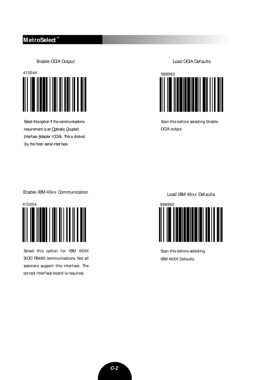 Metrologic Instruments MLPN 2407 manual Enable Ocia Output, Load Ocia Defaults, Enable IBM 46xx Communication 