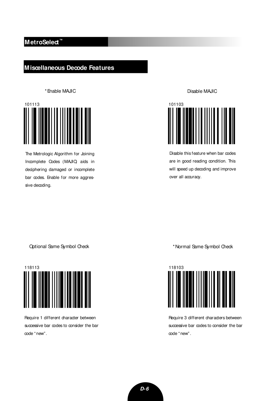 Metrologic Instruments MLPN 2407 manual MetroSelect Miscellaneous Decode Features, 101103, 118103 