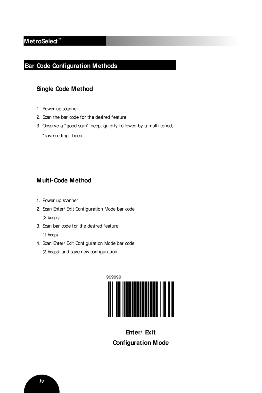 Metrologic Instruments MLPN 2407 manual MetroSelect Bar Code Configuration Methods, Single Code Method, Multi-Code Method 