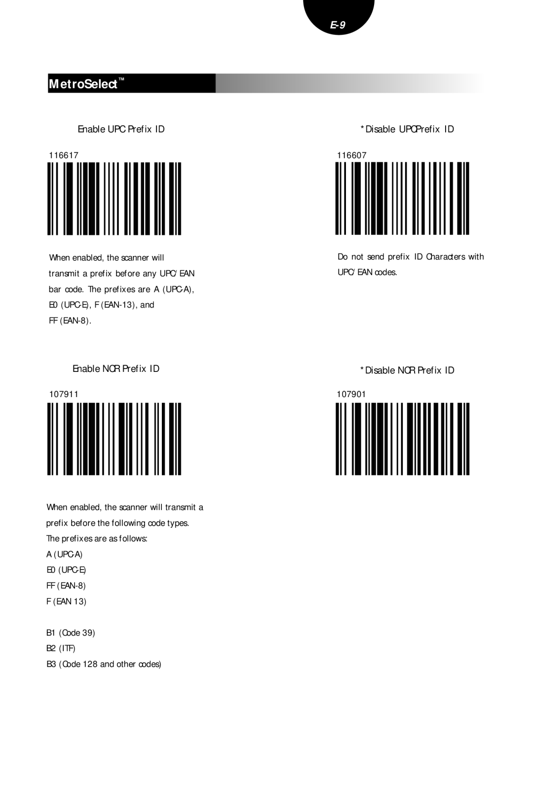 Metrologic Instruments MLPN 2407 Enable UPC Prefix ID, Enable NCR Prefix ID, Disable UPCPrefix ID, Disable NCR Prefix ID 