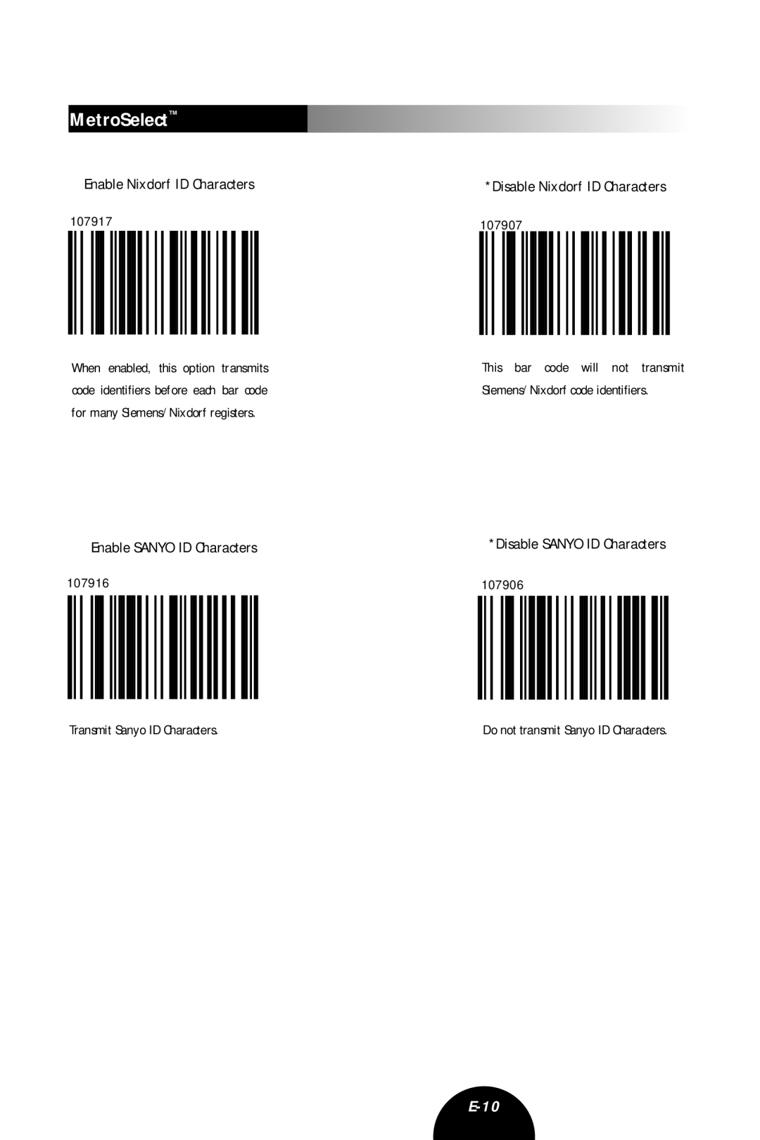 Metrologic Instruments MLPN 2407 Enable Nixdorf ID Characters, Enable Sanyo ID Characters, Disable Nixdorf ID Characters 