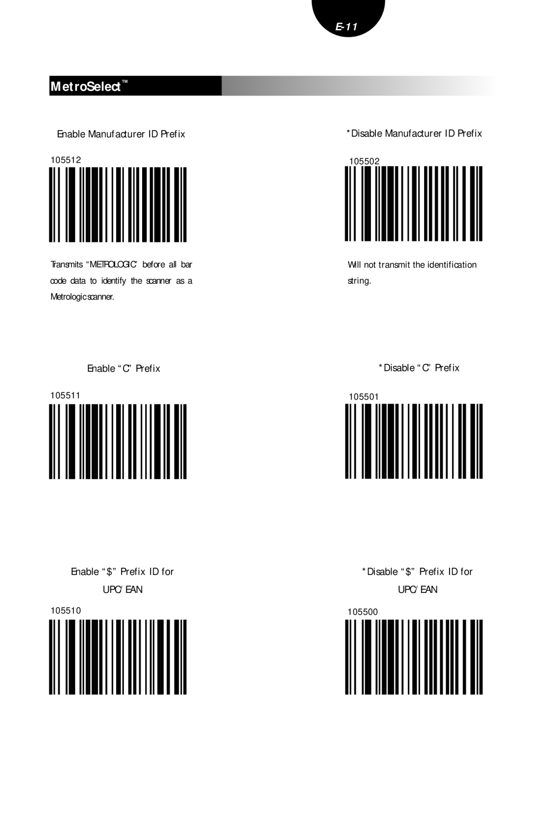 Metrologic Instruments MLPN 2407 Enable Manufacturer ID Prefix, Enable C Prefix, Enable $ Prefix ID for, Disable C Prefix 