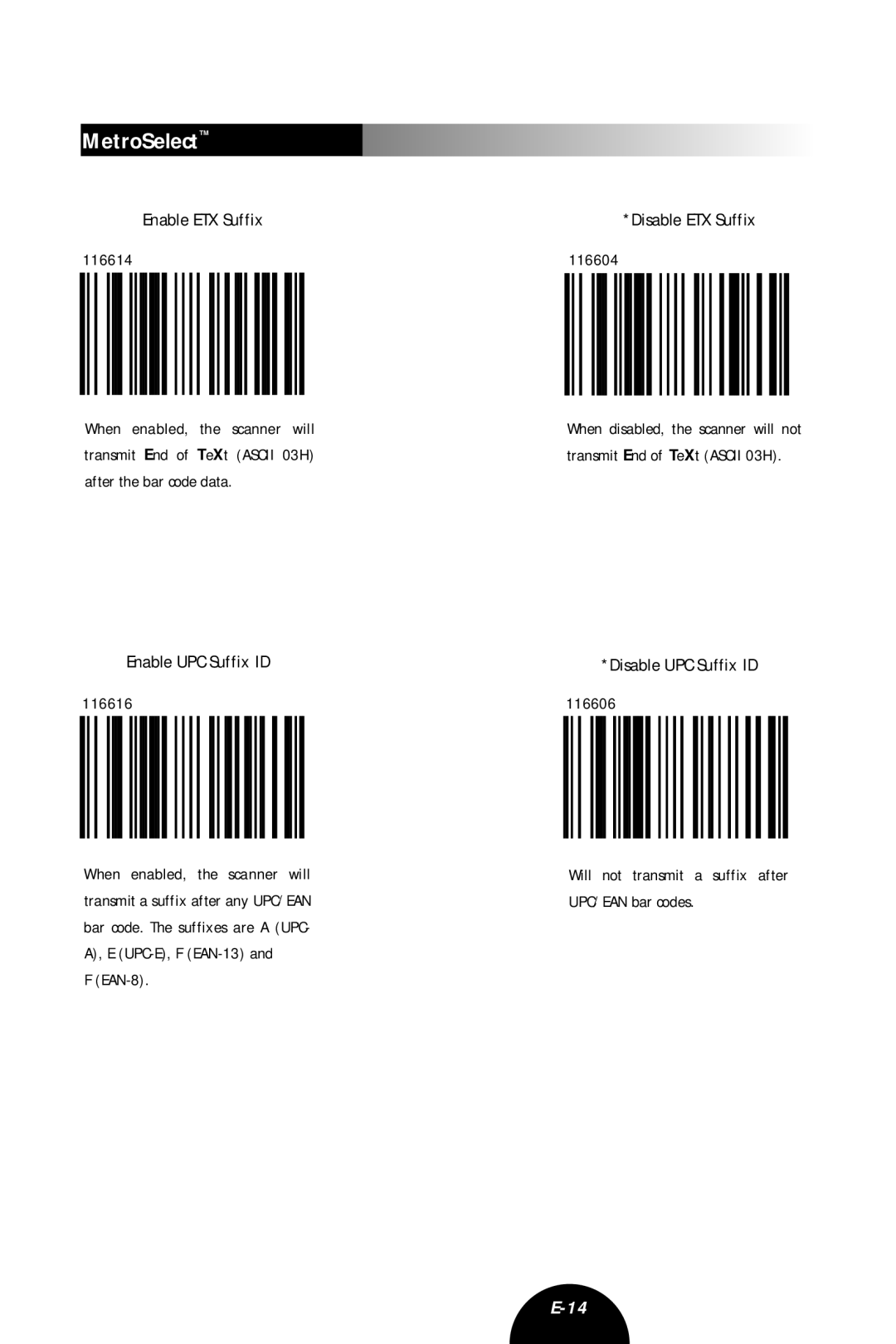 Metrologic Instruments MLPN 2407 manual Enable UPC Suffix ID, Disable UPC Suffix ID 