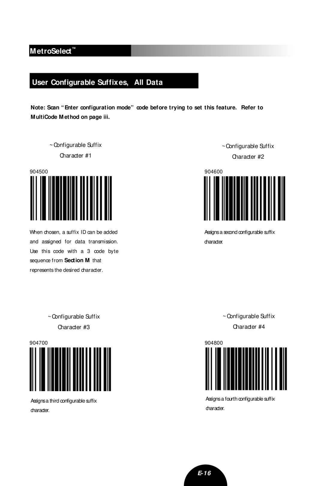 Metrologic Instruments MLPN 2407 manual MetroSelect User Configurable Suffixes, All Data, ~Configurable Suffix Character #1 