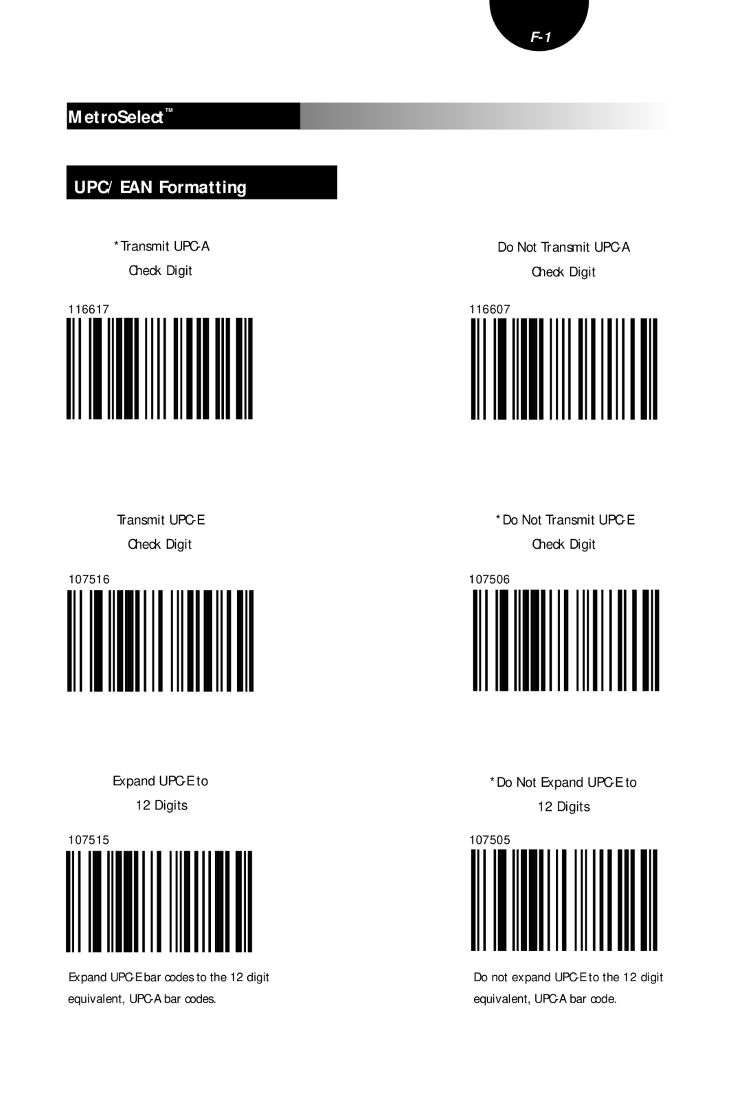 Metrologic Instruments MLPN 2407 manual MetroSelect UPC/EAN Formatting, Transmit UPC-A, Digits, 107506, 107505 