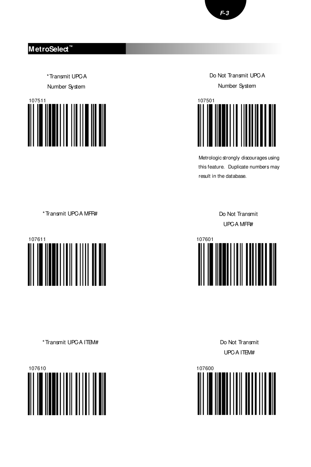 Metrologic Instruments MLPN 2407 manual Transmit UPC-A MFR#, Do Not Transmit UPC-A Number System 