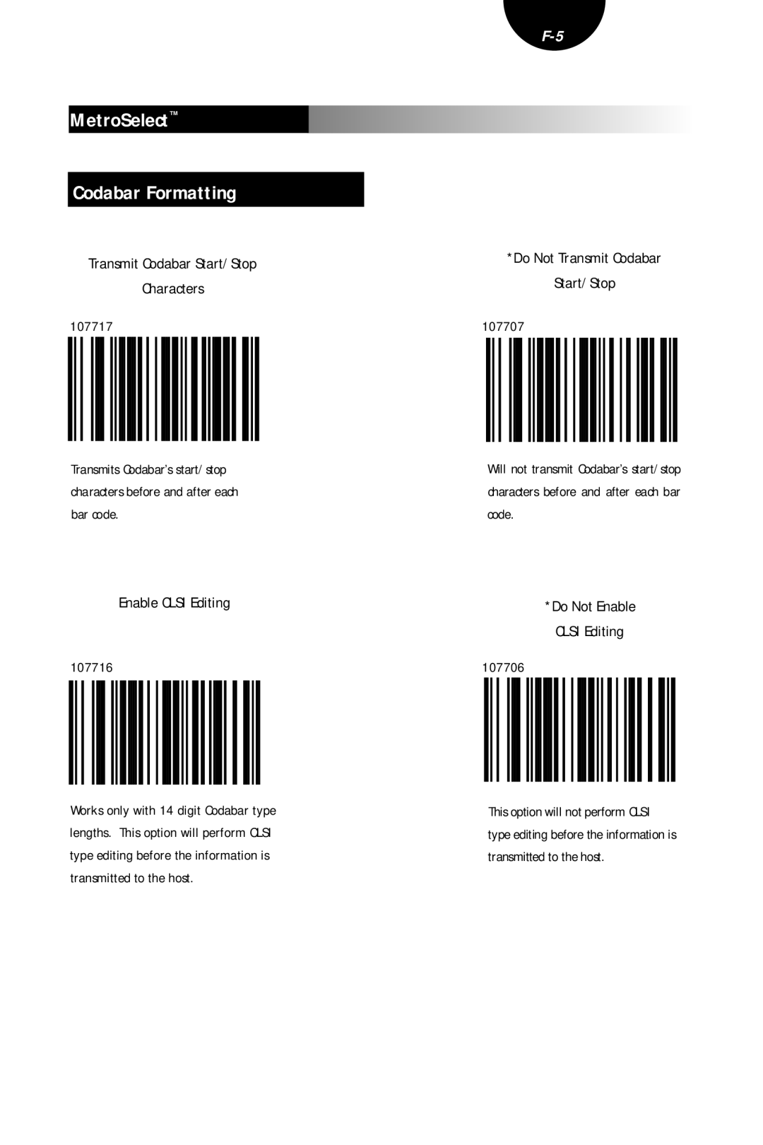 Metrologic Instruments MLPN 2407 manual MetroSelect Codabar Formatting, Transmit Codabar Start/Stop Characters 