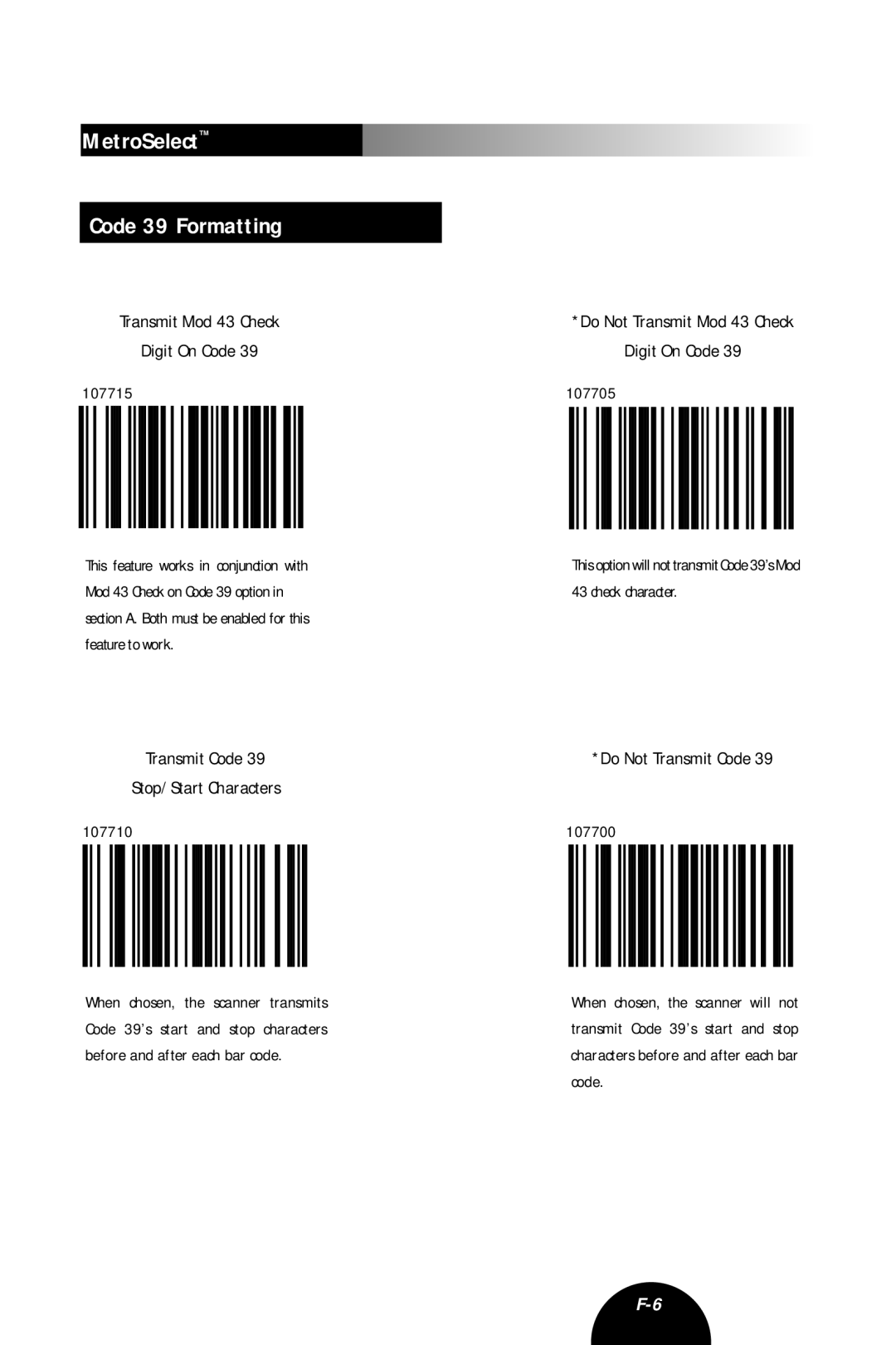 Metrologic Instruments MLPN 2407 MetroSelect Code 39 Formatting, Transmit Mod 43 Check Digit On Code, Do Not Transmit Code 