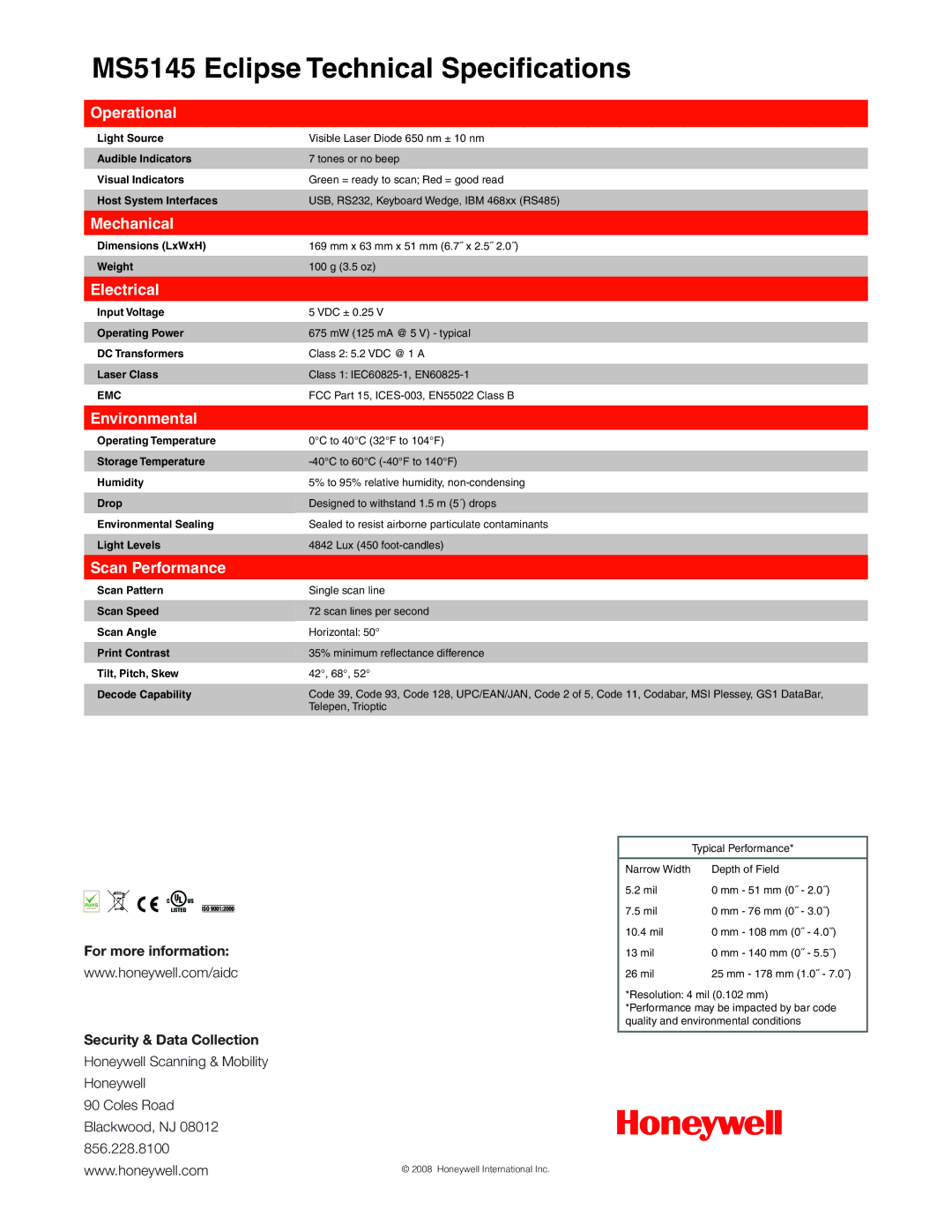 Metrologic Instruments MS 5145 manual Operational, Mechanical, Electrical, Environmental, Scan Performance 