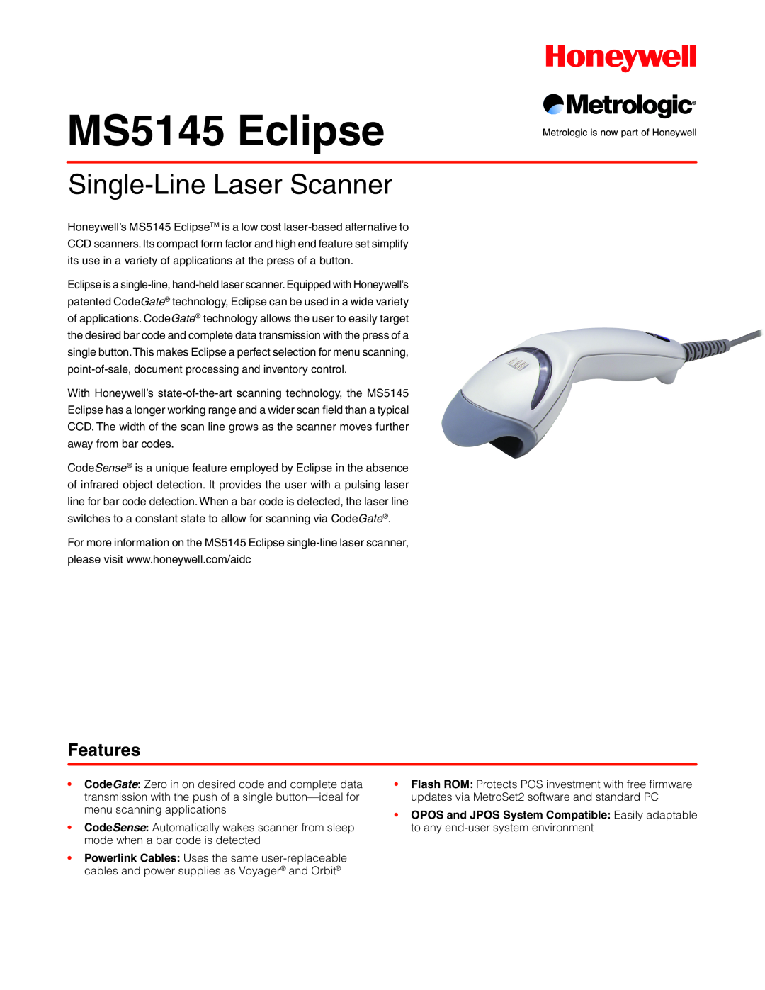 Metrologic Instruments MS 5145 manual MS5145 Eclipse, Single-Line Laser Scanner, Features 