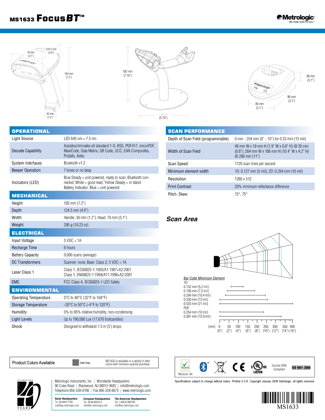 Metrologic Instruments MS1633 manual Operational, Mechanical, Scan Performance, Electrical, Environmental 