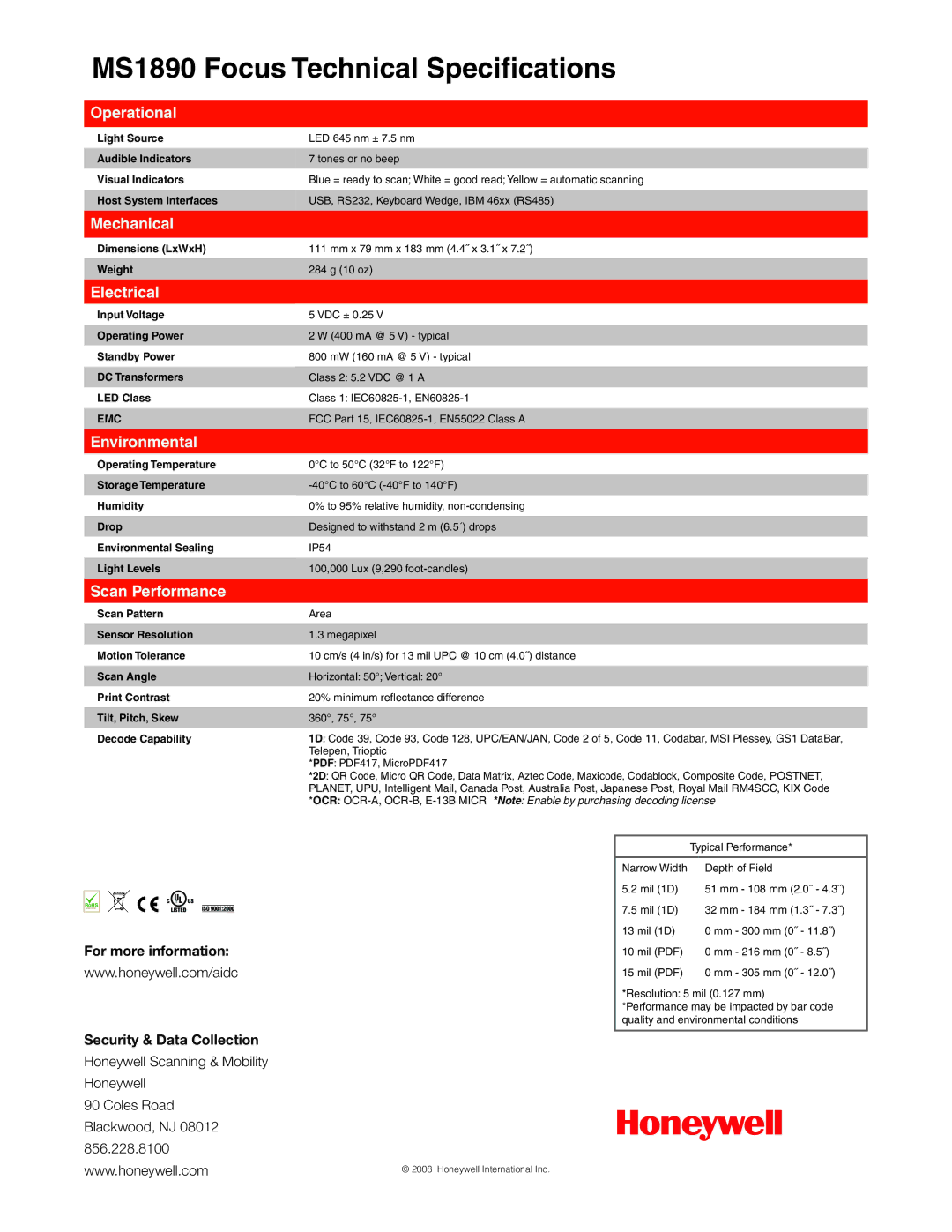 Metrologic Instruments MS1890 Focus manual Operational, Mechanical, Electrical, Environmental, Scan Performance 