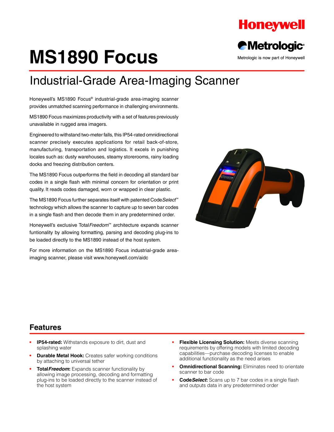Metrologic Instruments MS1890 Focus manual Industrial-Grade Area-Imaging Scanner, Features 