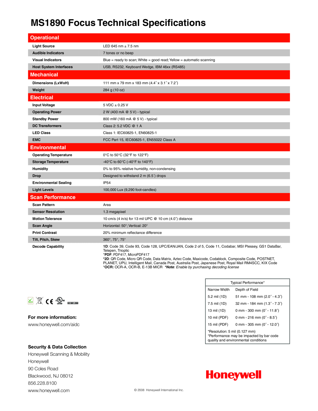 Metrologic Instruments manual MS1890 Focus Technical Specifications, Operational, Mechanical, Electrical, Environmental 