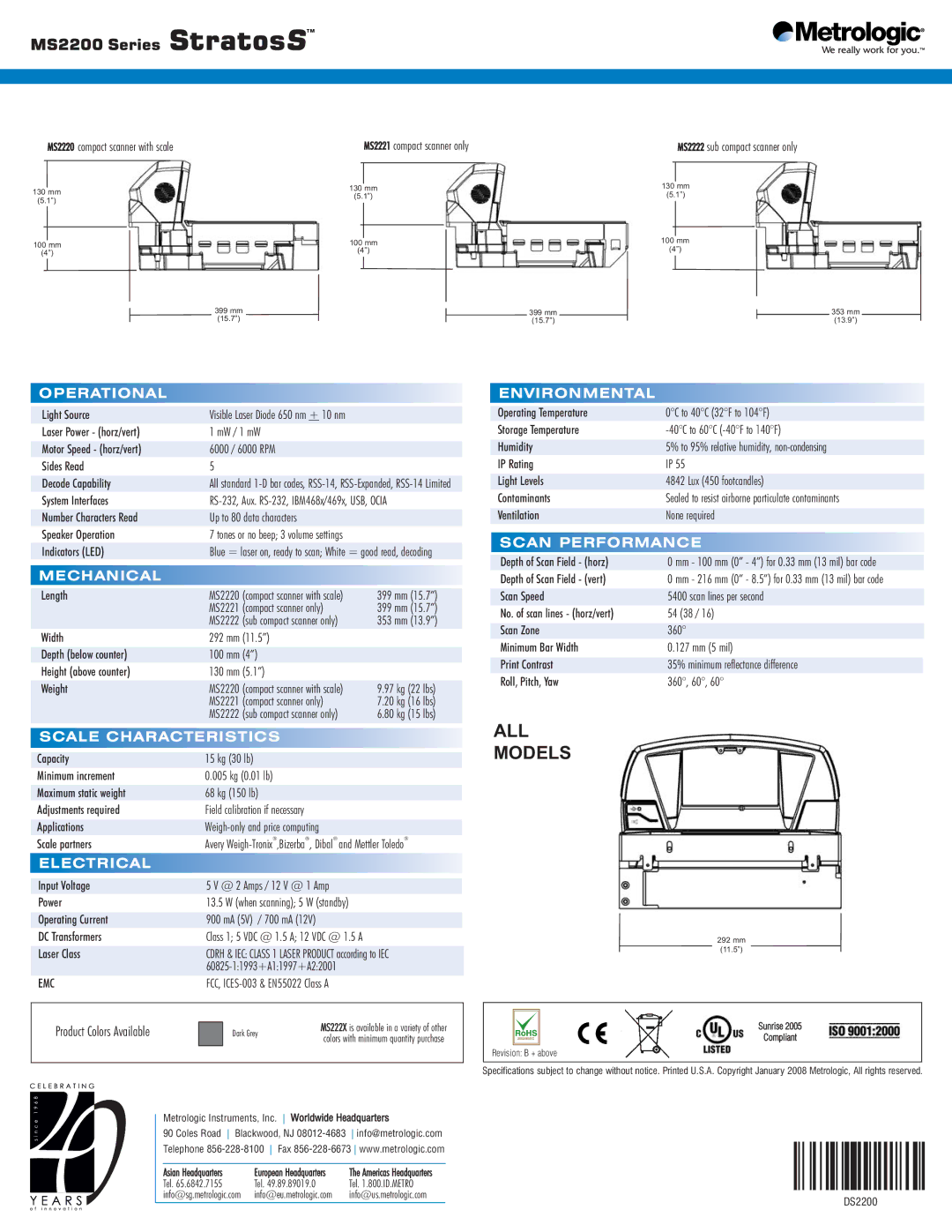 Metrologic Instruments MS2200 Series manual Operational, Mechanical, Scale Characteristics, Environmental, Scan Performance 