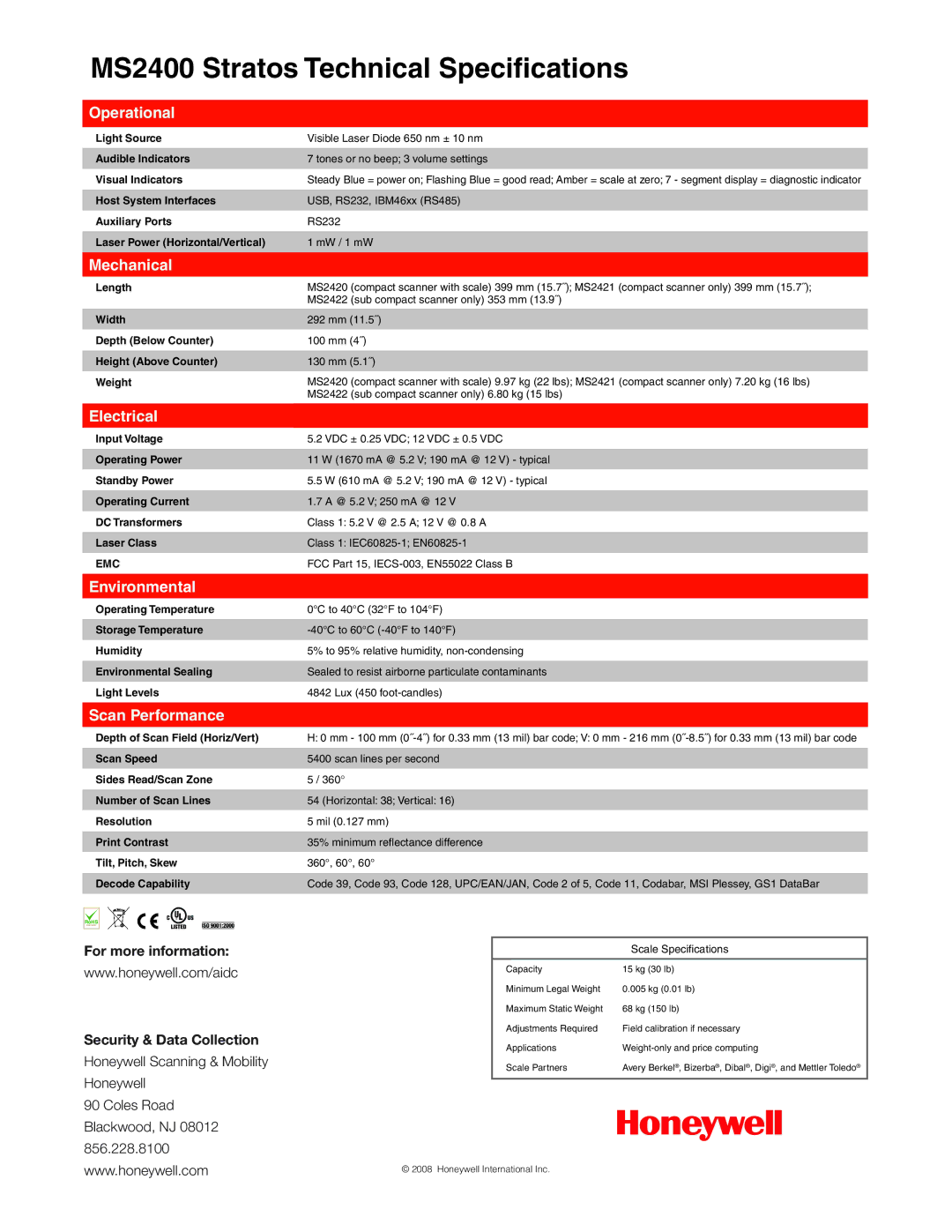 Metrologic Instruments MS2400 manual Operational, Mechanical, Electrical, Environmental, Scan Performance 