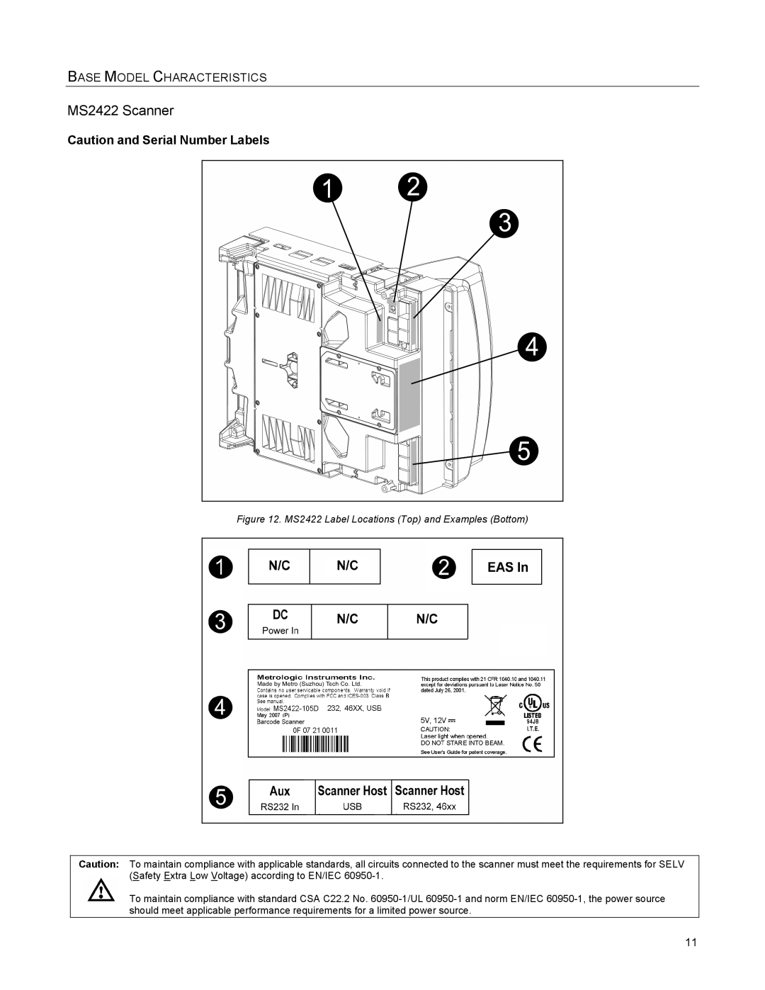 Metrologic Instruments MS2421 manual MS2422 Label Locations Top and Examples Bottom 