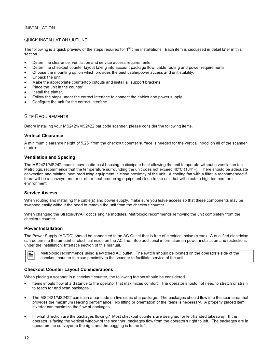 Metrologic Instruments MS2422, MS2421 manual Quick Installation Outline, Site Requirements 