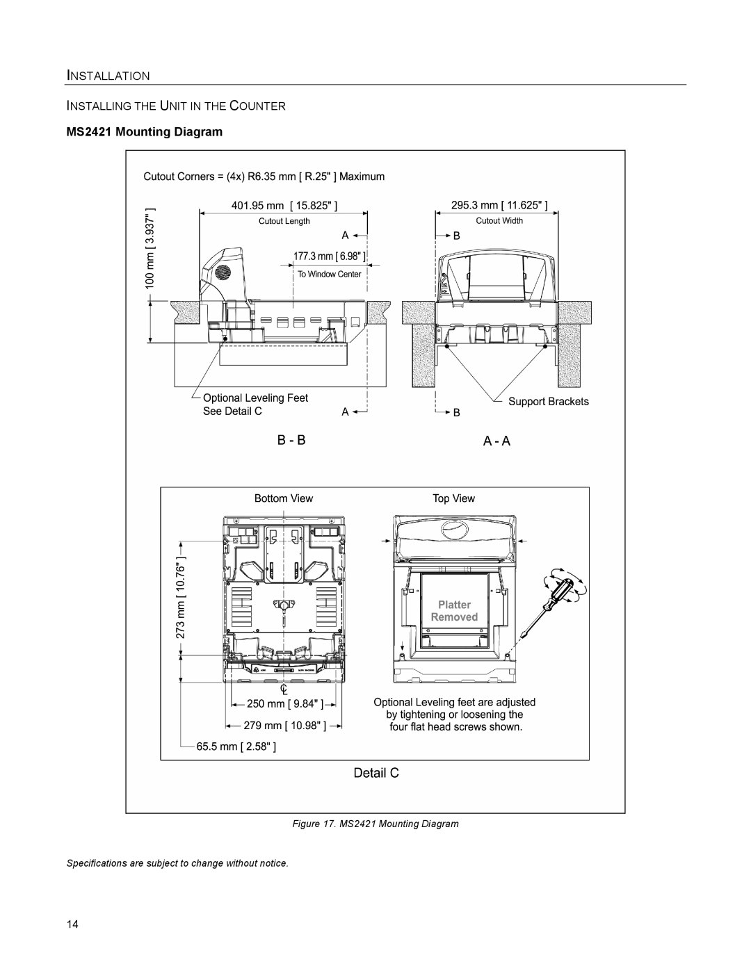 Metrologic Instruments MS2422, MS2421 manual Installing the Unit in the Counter 