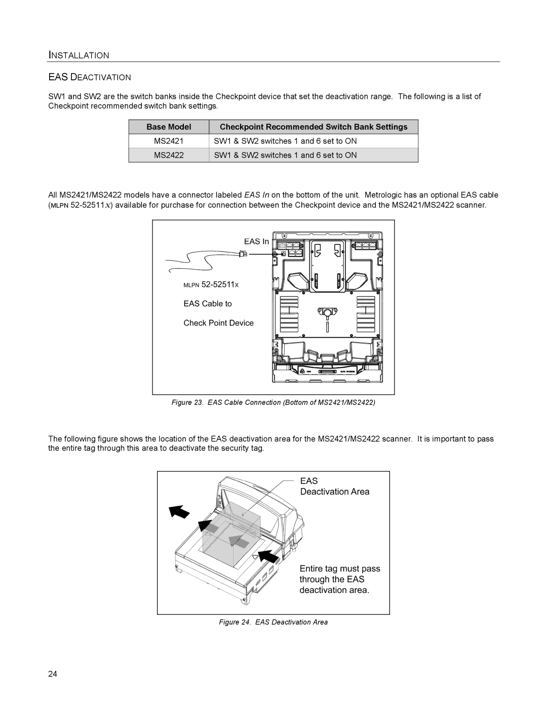 Metrologic Instruments MS2422, MS2421 manual EAS Deactivation, Base Model Checkpoint Recommended Switch Bank Settings 