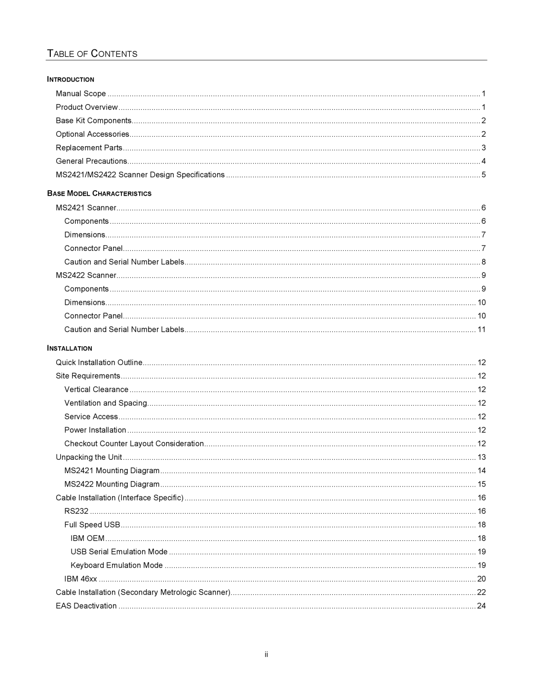 Metrologic Instruments MS2421, MS2422 manual Table of Contents 