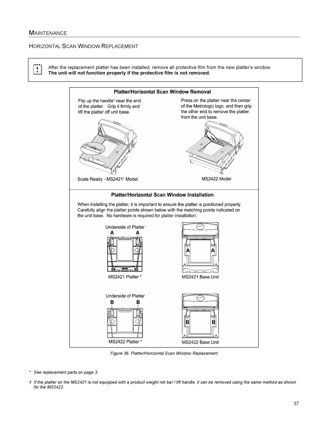 Metrologic Instruments MS2421, MS2422 manual Maintenance, Horizontal Scan Window Replacement 