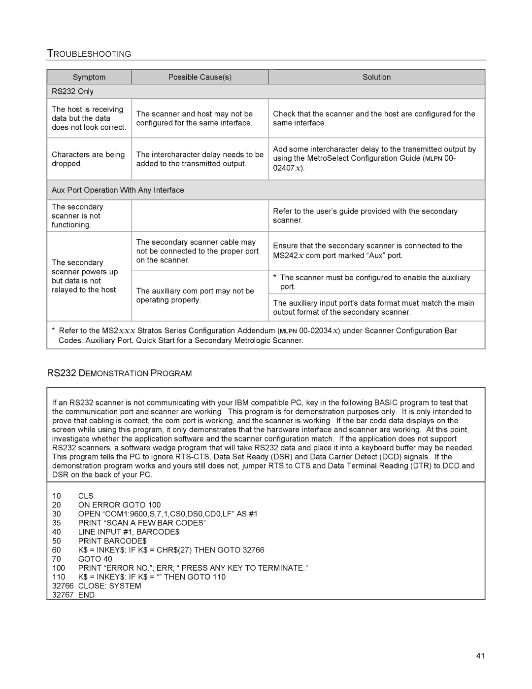 Metrologic Instruments MS2421 RS232 Demonstration Program, On Error Goto, Print Error NO. ERR Press ANY KEY to Terminate 