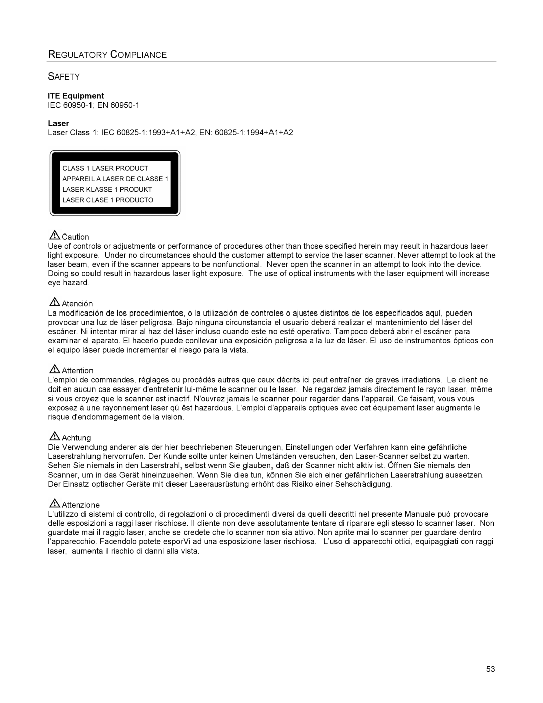 Metrologic Instruments MS2421, MS2422 manual Regulatory Compliance, Safety, ITE Equipment, Laser 