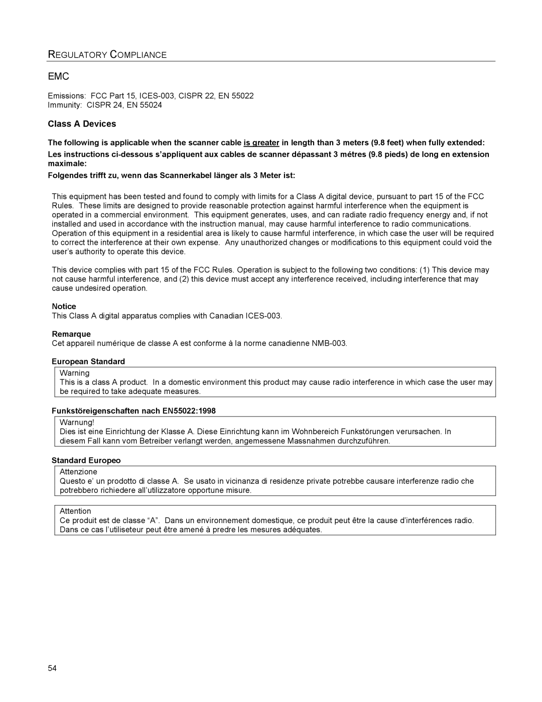 Metrologic Instruments MS2422 manual Remarque, European Standard, Funkstöreigenschaften nach EN550221998, Standard Europeo 