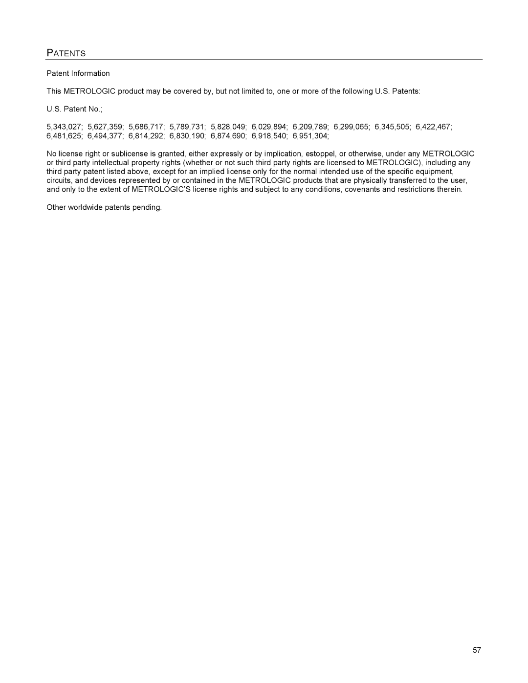 Metrologic Instruments MS2421, MS2422 manual Patents 