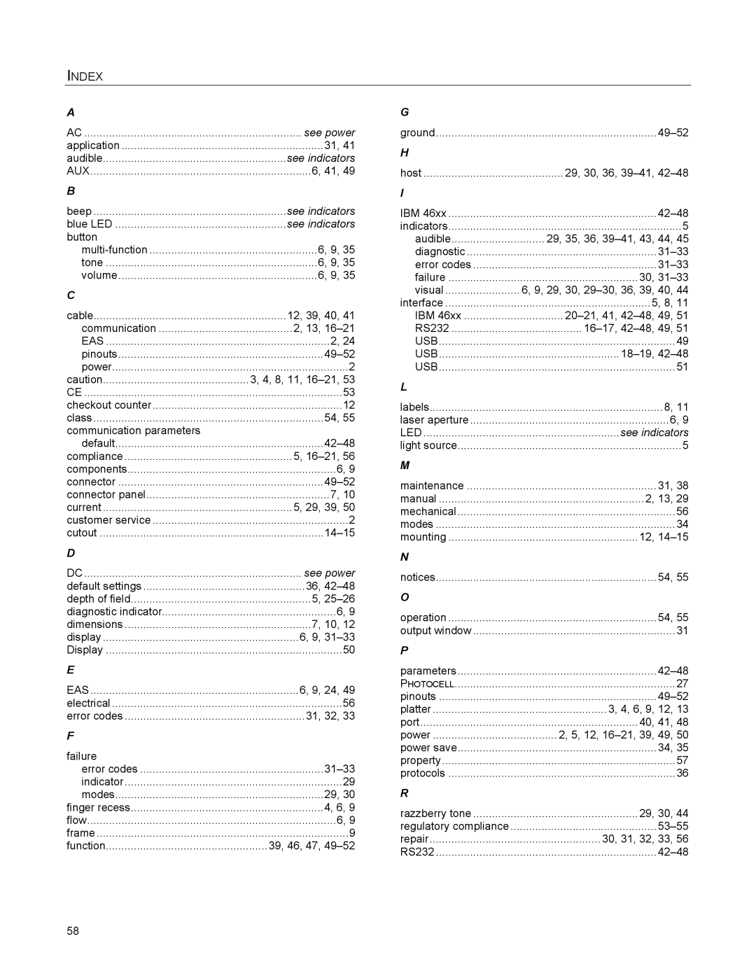 Metrologic Instruments MS2422, MS2421 manual Index, 39, 46, 47 