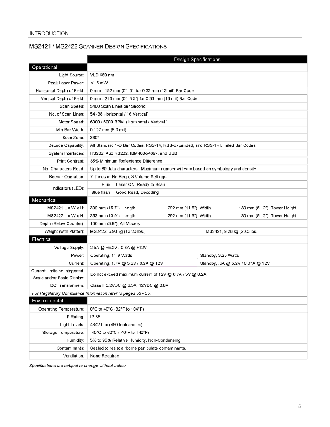 Metrologic Instruments manual MS2421 / MS2422 Scanner Design Specifications, Design Specifications Operational 