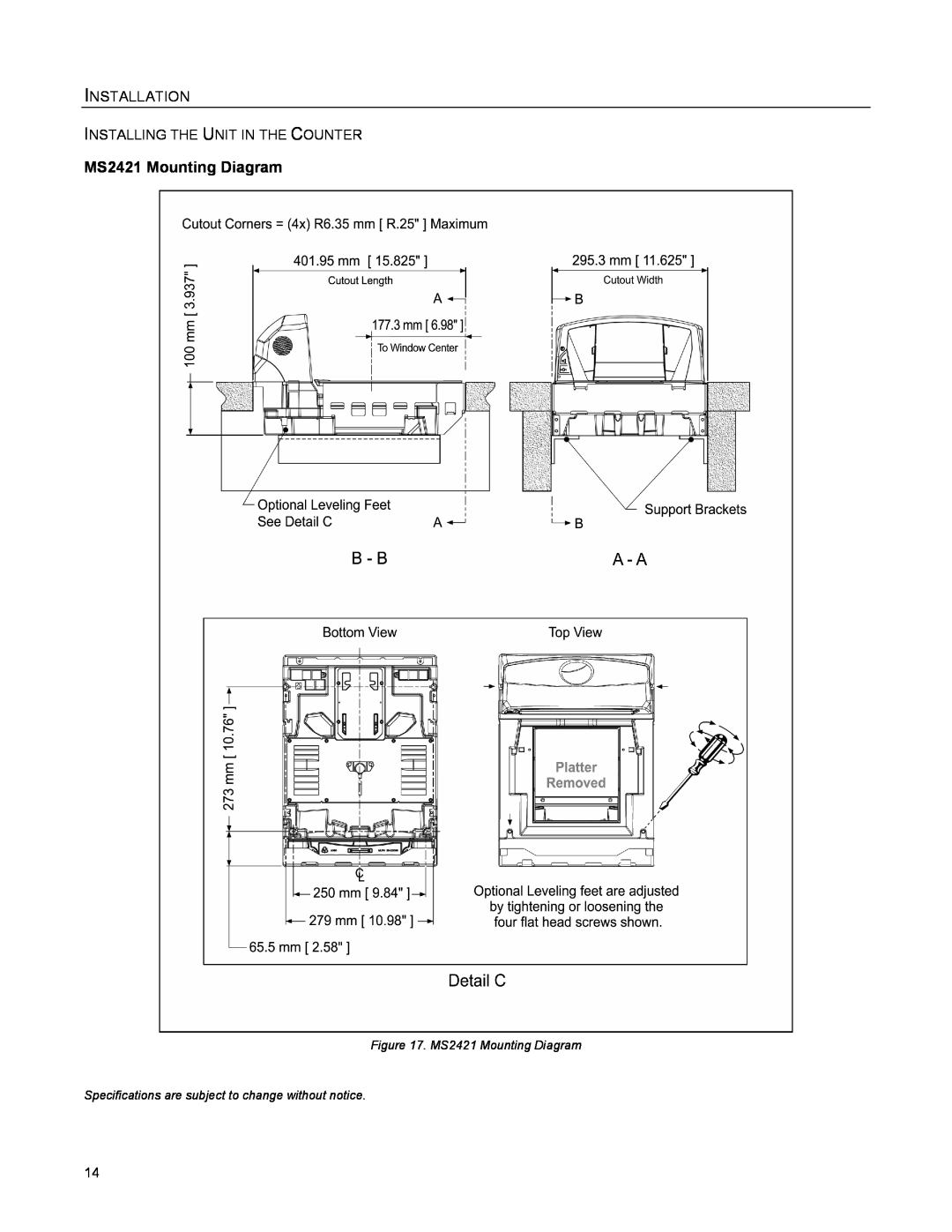 Metrologic Instruments MS2422 manual MS2421 Mounting Diagram, Installation, Installing The Unit In The Counter 