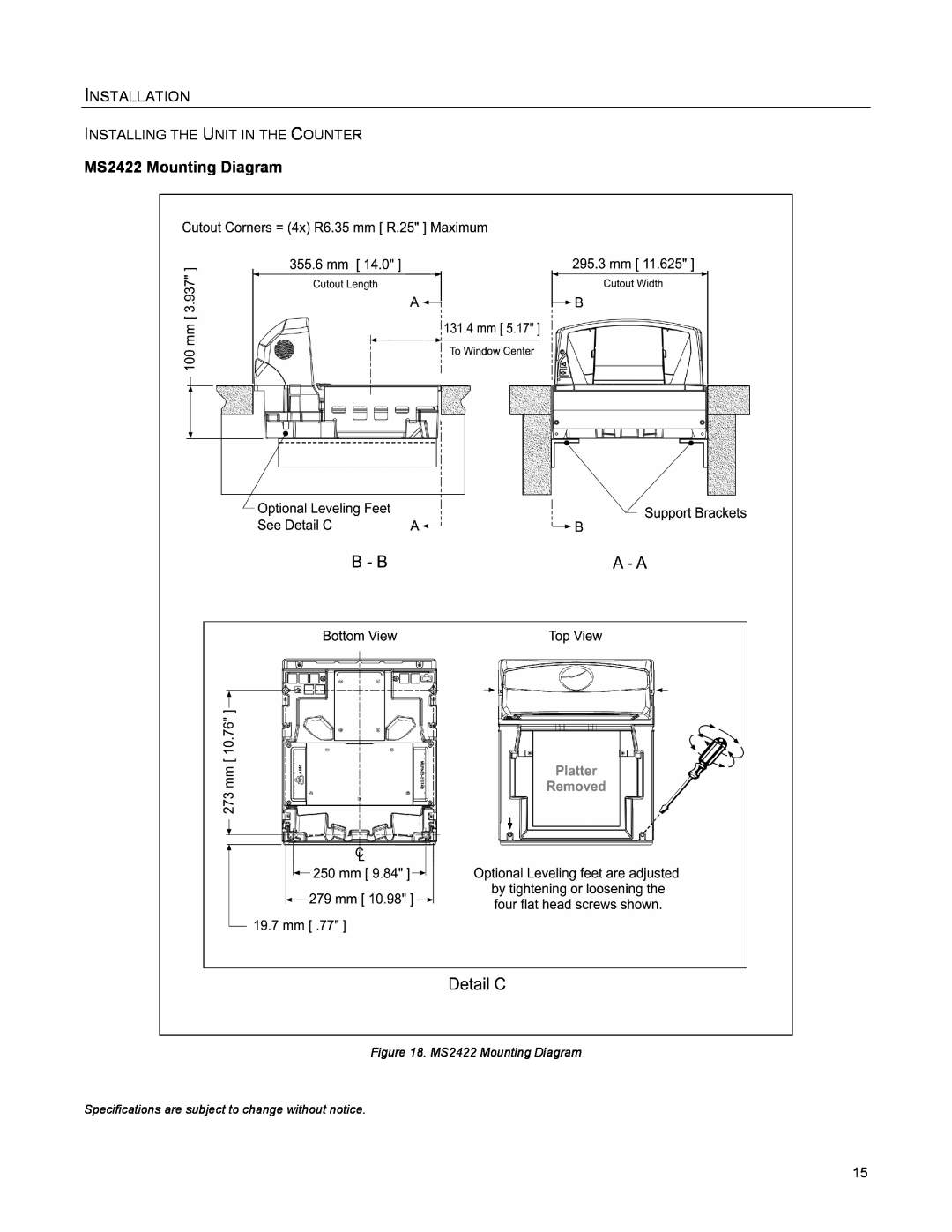 Metrologic Instruments MS2421 MS2422 Mounting Diagram, Installation, Specifications are subject to change without notice 