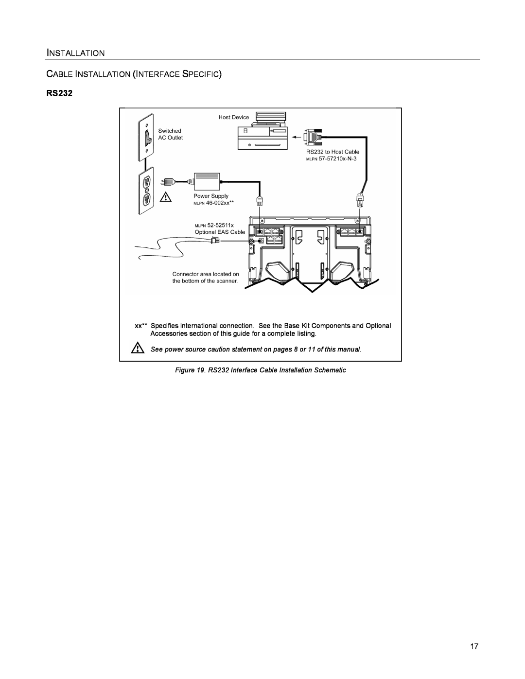 Metrologic Instruments MS2421 Installation, RS232, See power source caution statement on pages 8 or 11 of this manual 