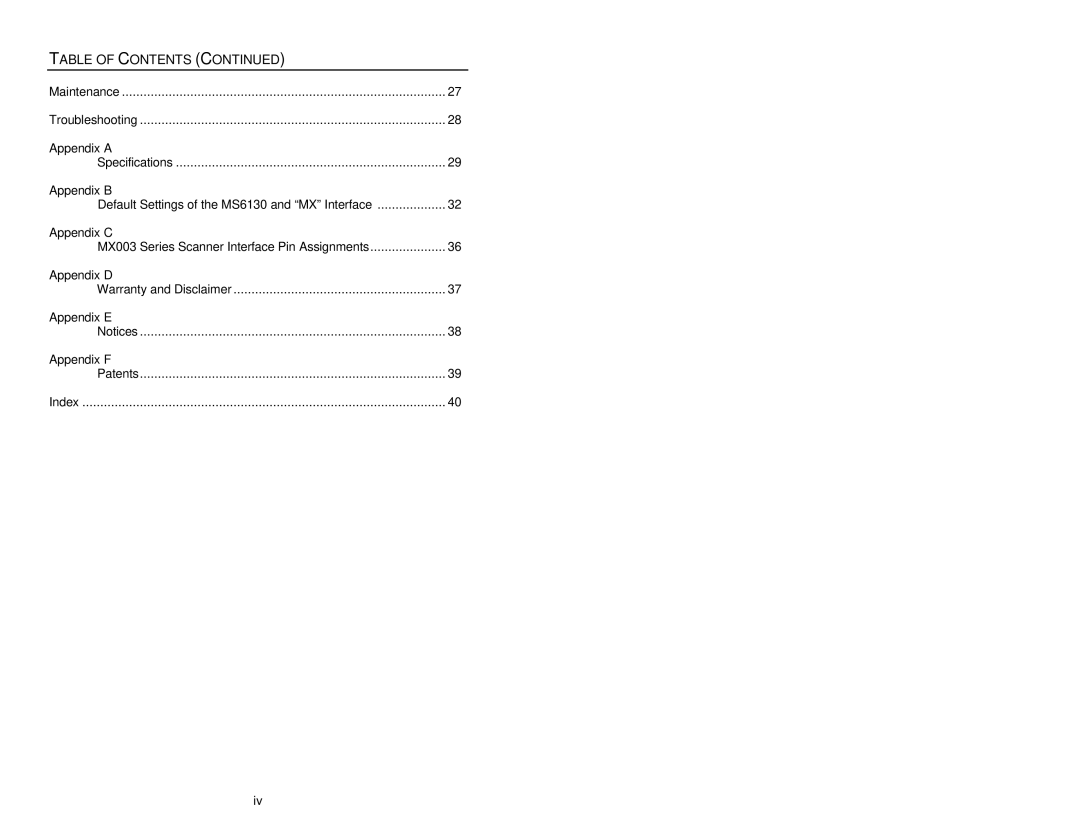 Metrologic Instruments MS6130 MX003 manual Table of Contents 