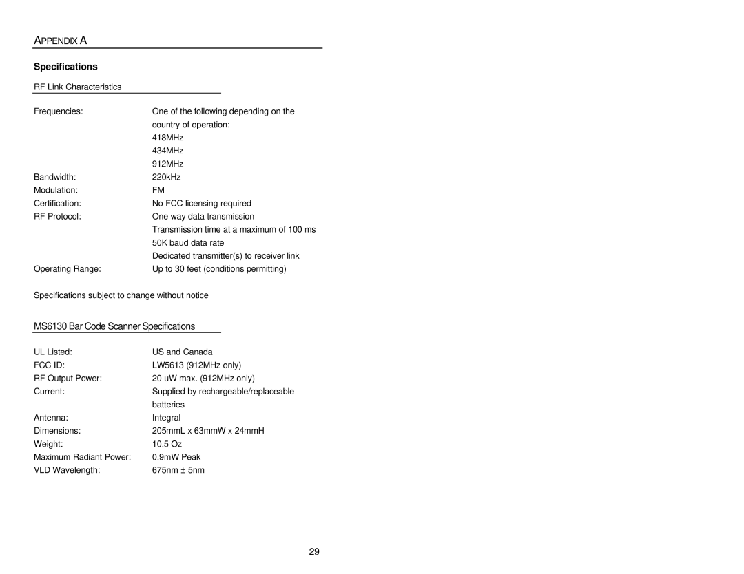 Metrologic Instruments MS6130 MX003 manual Appendix a, Specifications 