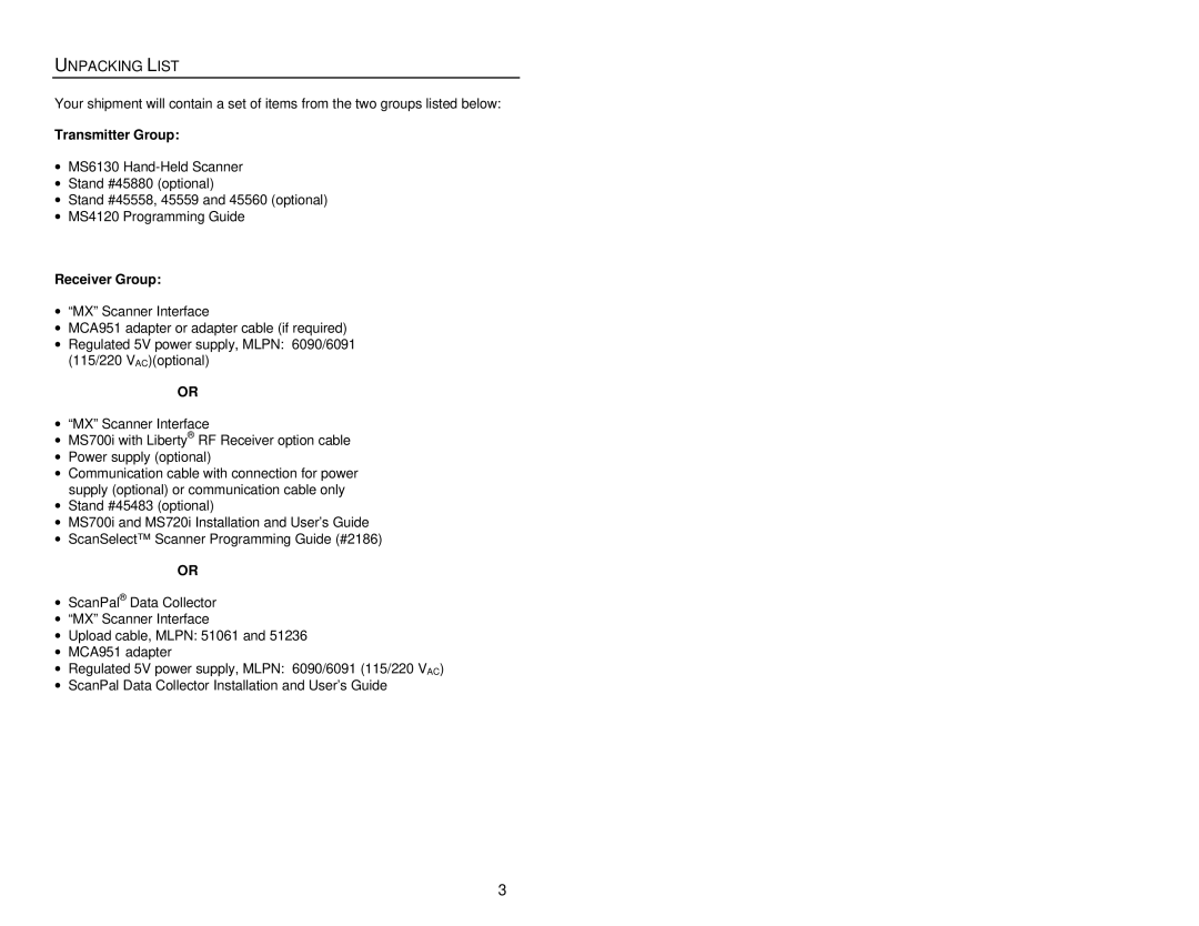 Metrologic Instruments MS6130 MX003 manual Unpacking List, Transmitter Group, Receiver Group 