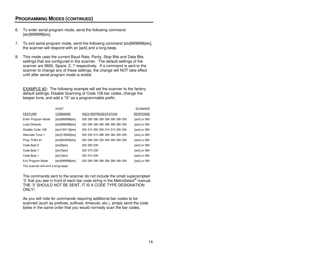 Metrologic Instruments MS6520 manual ‘3’ should not be SENT, IT is a Code Type Designation only 