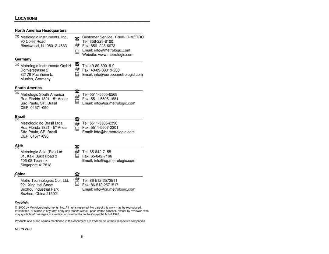 Metrologic Instruments MS6520 manual Locations 