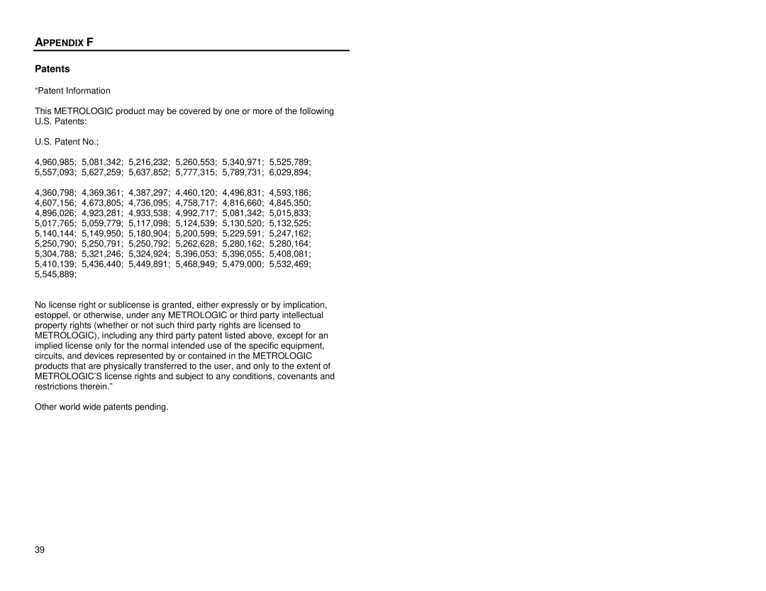 Metrologic Instruments MS6520 manual Appendix F, Patents 