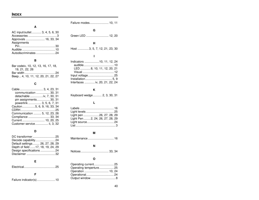 Metrologic Instruments MS6520 manual Index, 24, 26, 27, 28 