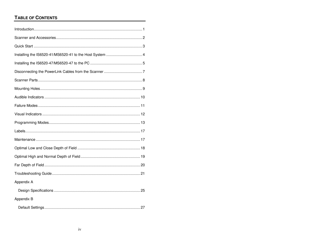 Metrologic Instruments MS6520 manual Table of Contents 