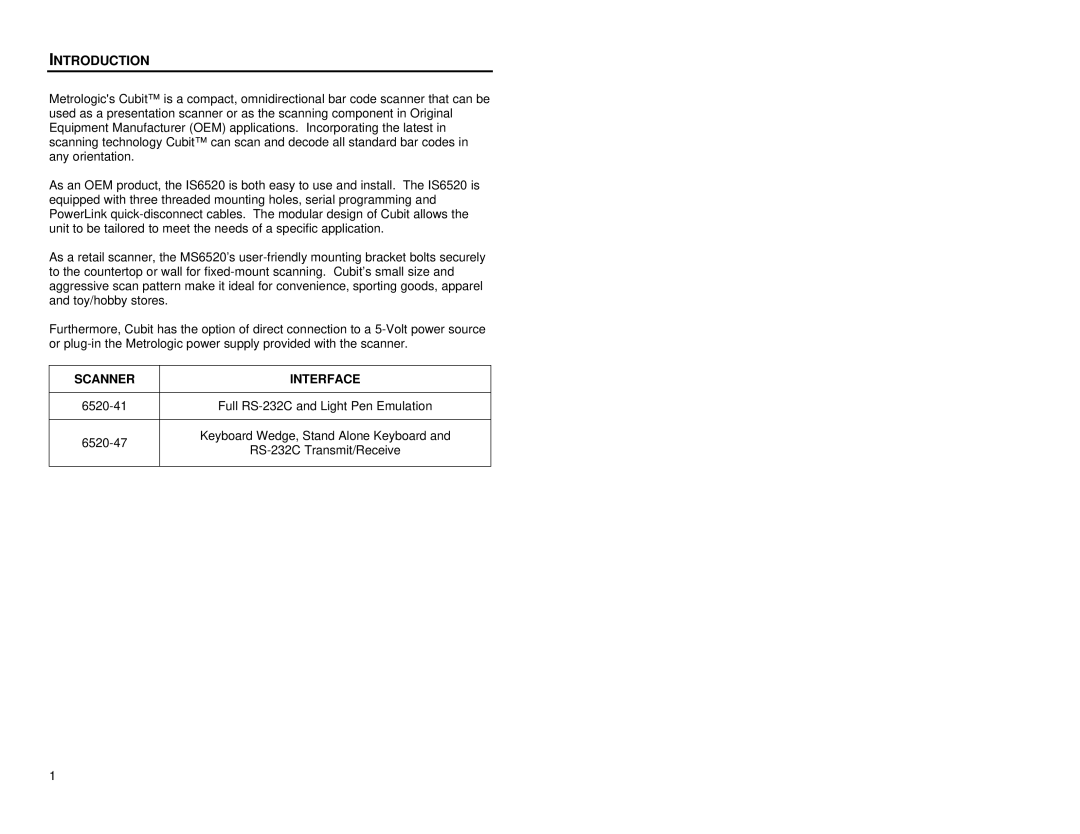 Metrologic Instruments MS6520 manual Introduction, Scanner Interface 