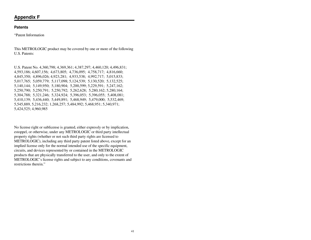 Metrologic Instruments MS6720 manual Appendix F, Patents 