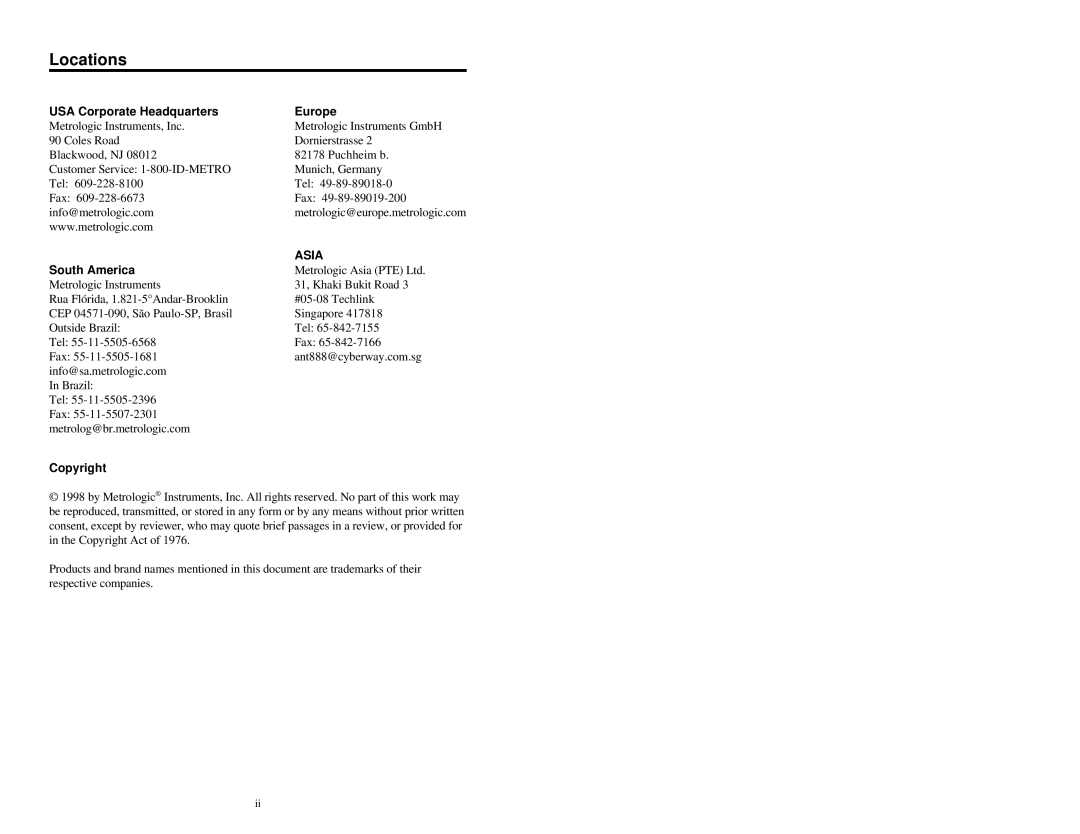 Metrologic Instruments MS7120 Series manual Locations, USA Corporate Headquarters Europe 