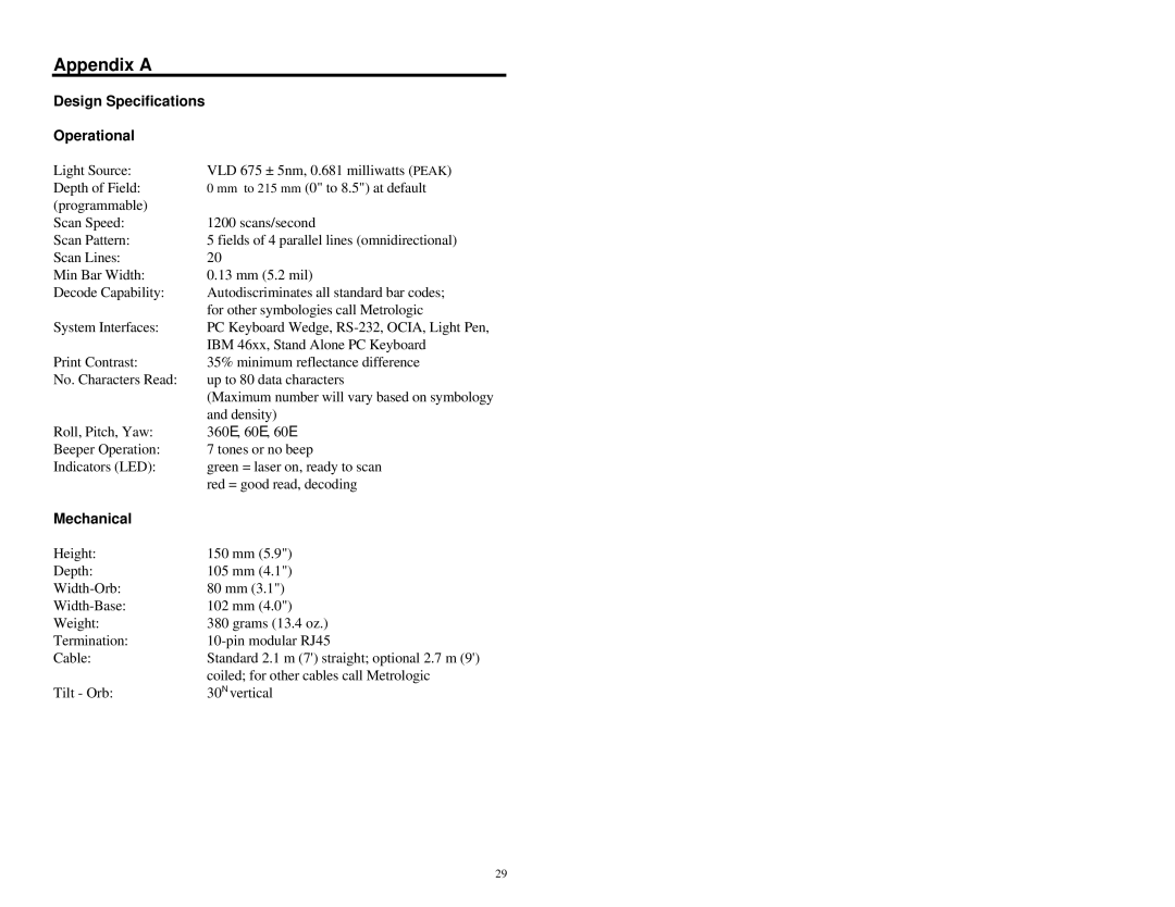Metrologic Instruments MS7120 Series manual Appendix a, Design Specifications Operational, Mechanical 