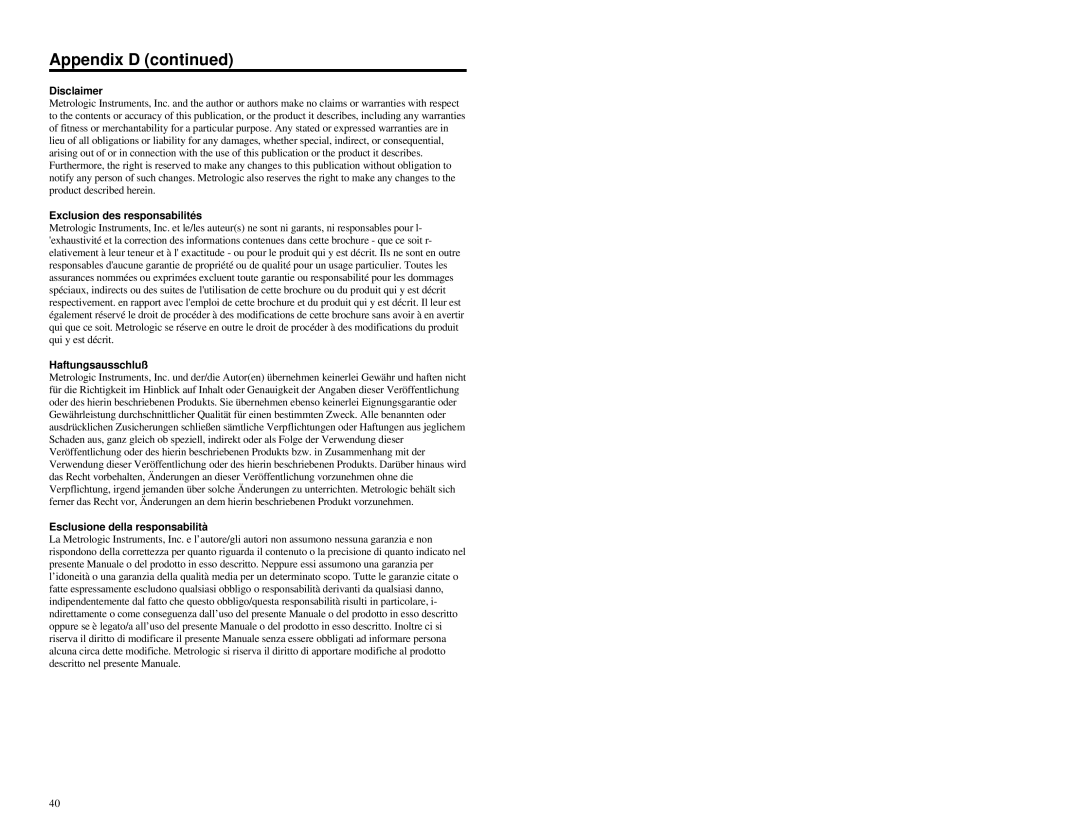 Metrologic Instruments MS7120 Series manual Disclaimer 